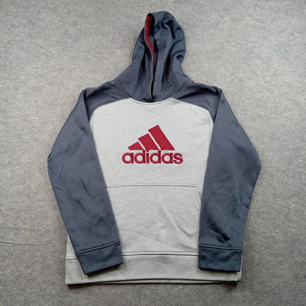Adidas Hoodie‎ Sweatshirt Youth Large 14/16 Gray Red Logo Fleece Pullover